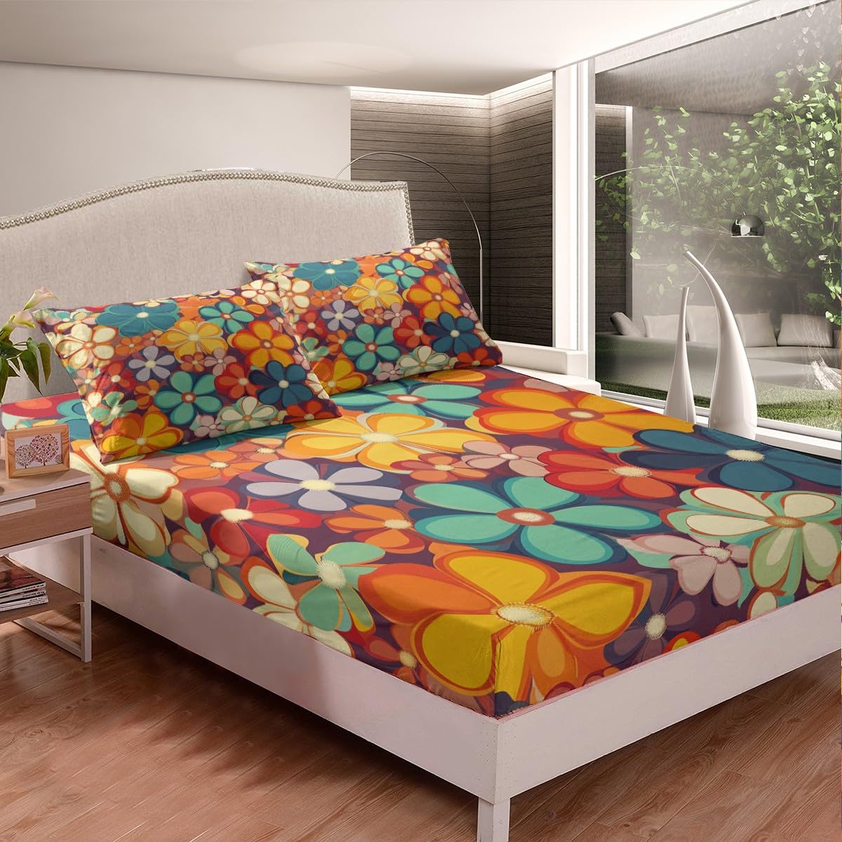 Erosebridal Groovy Flower Queen Sheets 70s Party Sheet & Pillowcase Sets Rainbow Floral Bed Sheets Boho Hippie Sheet Set Vintage Retro Party Top Sheet for Girl Woman Microfiber 4pcs…