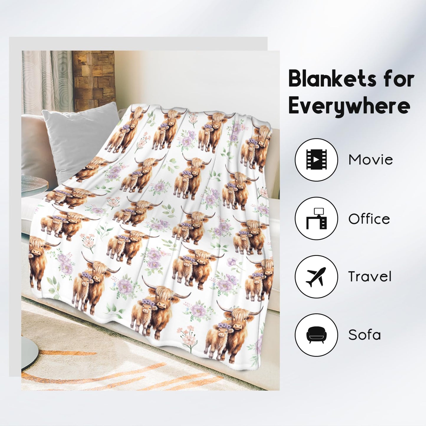 Highland Cow Blanket for Kids, Cozy Soft Throw Gifts, Cute White Flannel Throw Blankets for Couch Office, 30x40 Inches