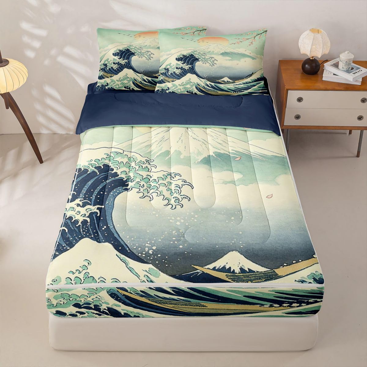 Feelyou Japanese Wave Comforter Set Full Size Zipper Bedding Set for Girls Boys Anime Comforter with Fitted Sheet, Pillowcases Japan Zipper Bedding Soft Breathable Bed in a Bag