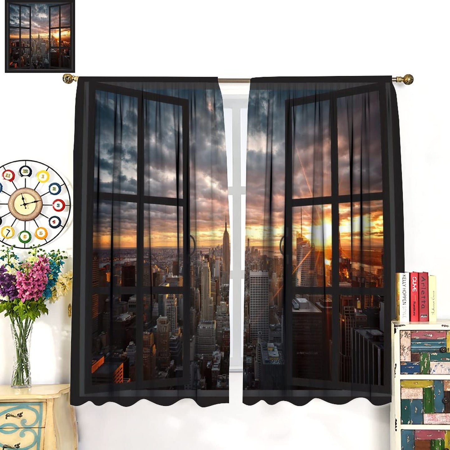 New York Blackout Curtains,Modern NYC Scenery at Sunset Dawn with Skyscrapers Buildings Rod Pocket Window Door Curtains for Living Room Bedroom Office Decor W42xL45in