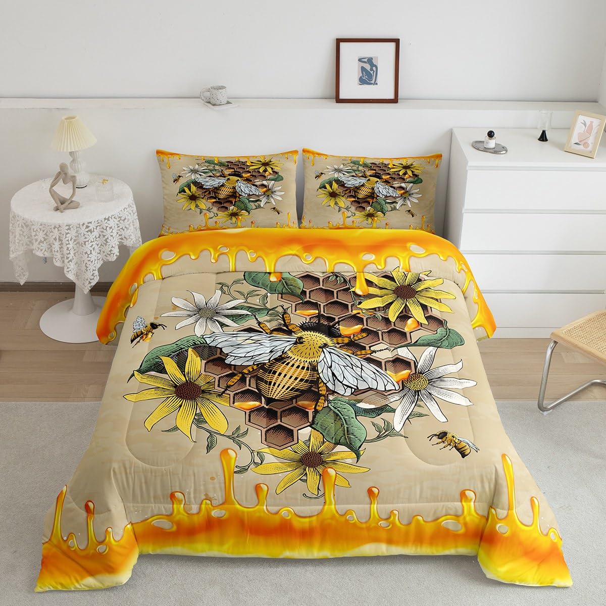 Homewish 3D Bee Pattern Comforter Set,Geometric Honeycomb Bedding Set for Kids Girls Women,Adults Daisy Comforter,Yellow White Quilted Duvet Set Bedroom Collection Twin Size 2Pcs
