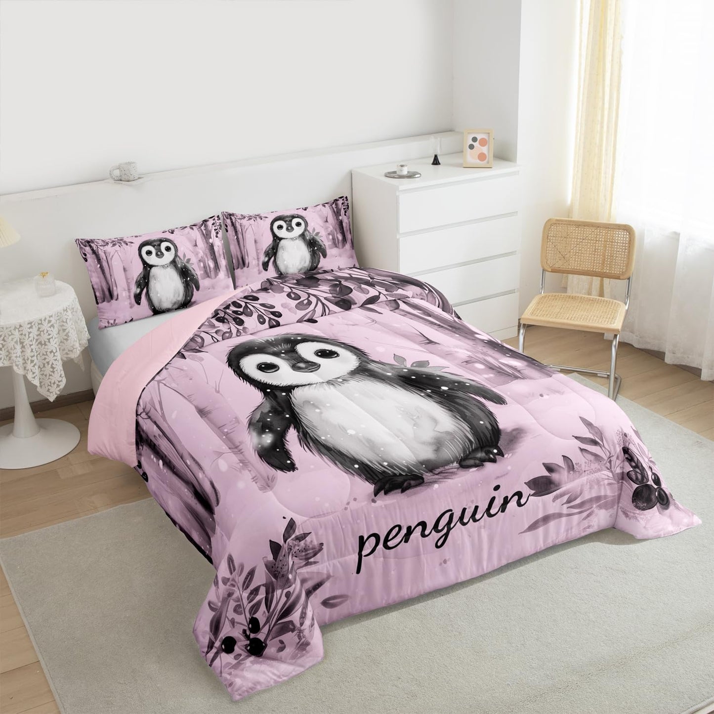 Erosebridal Pink Kawaii Penguins Comforter Set Queen Antarctic Animal Pattern Bedding Set Cartoon Penguin Comforter for Kids Boys Girls,Winter Snowy Forest Quilt Duvet