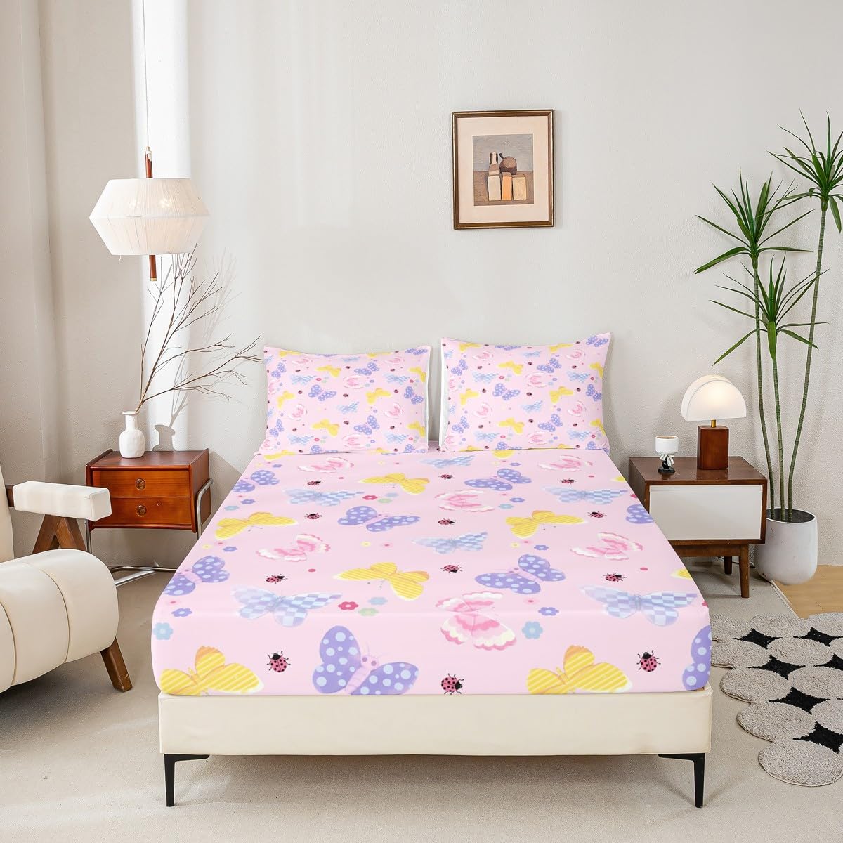 Feelyou Butterflies Fitted Sheet Twin Size for Kids Boys Girls Butterfly Printed Pattern Bed Sheets Set 16" Deep Pocket Cute Flowers Bedding with 1 Pillowcase Purple Blue Checked Room Decor