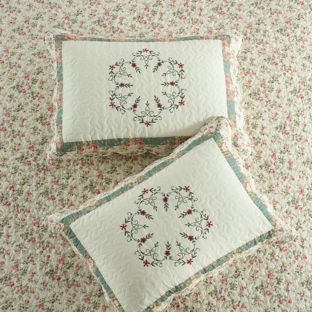 camandy Cotton Bedspread Quilt Bedding Sets, 3 Pieces Reversible Coverlets Comforters Star with Green Floral Real Patchwork Bedspread, King Size