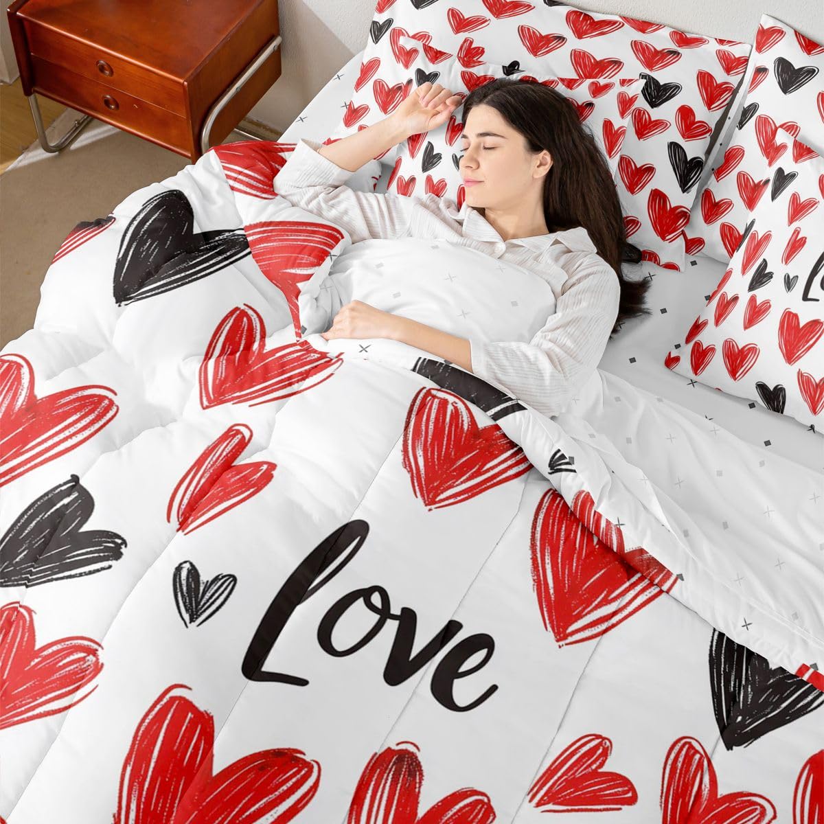 Erosebridal Couple Love Comforter Sets with Sheets - Red and Black Love Hearts Bedding Set Full for Boys Girls Romantic Gifts 7Pcs Bed in A Bag Valentines Day Bed Set