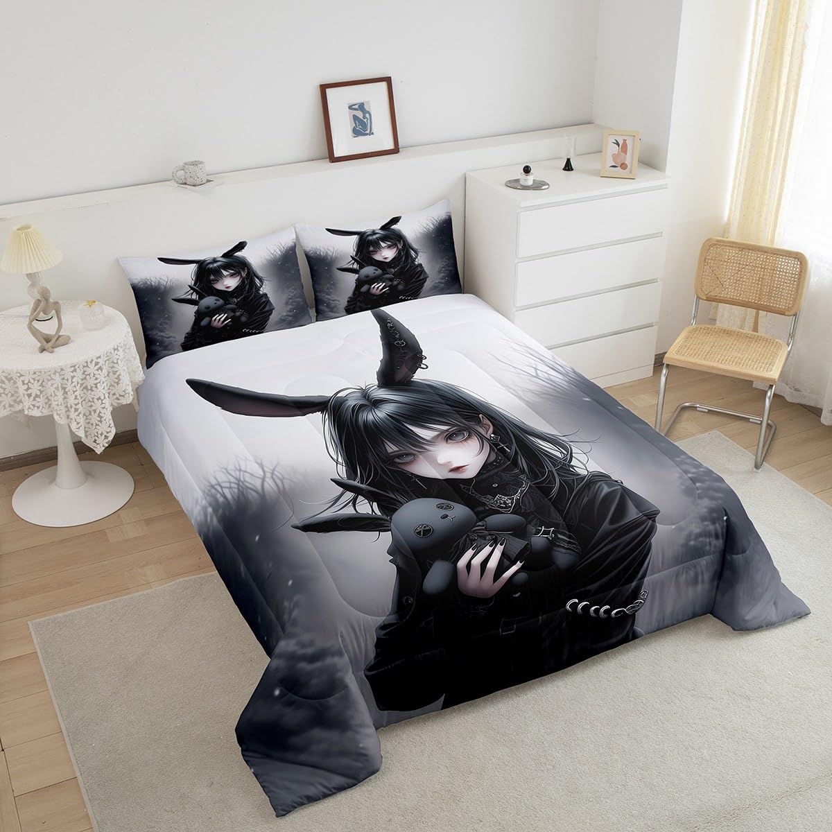 Erosebridal Anime Girl Bedding Set Full,Anime Gifts Comforter Set for Girls Women,Gothic 3D Japanese Girl Down Comforter,Black Gothic Bed Set Exotic Rabbit Printed Duvet Insert with 2 Pillowcases
