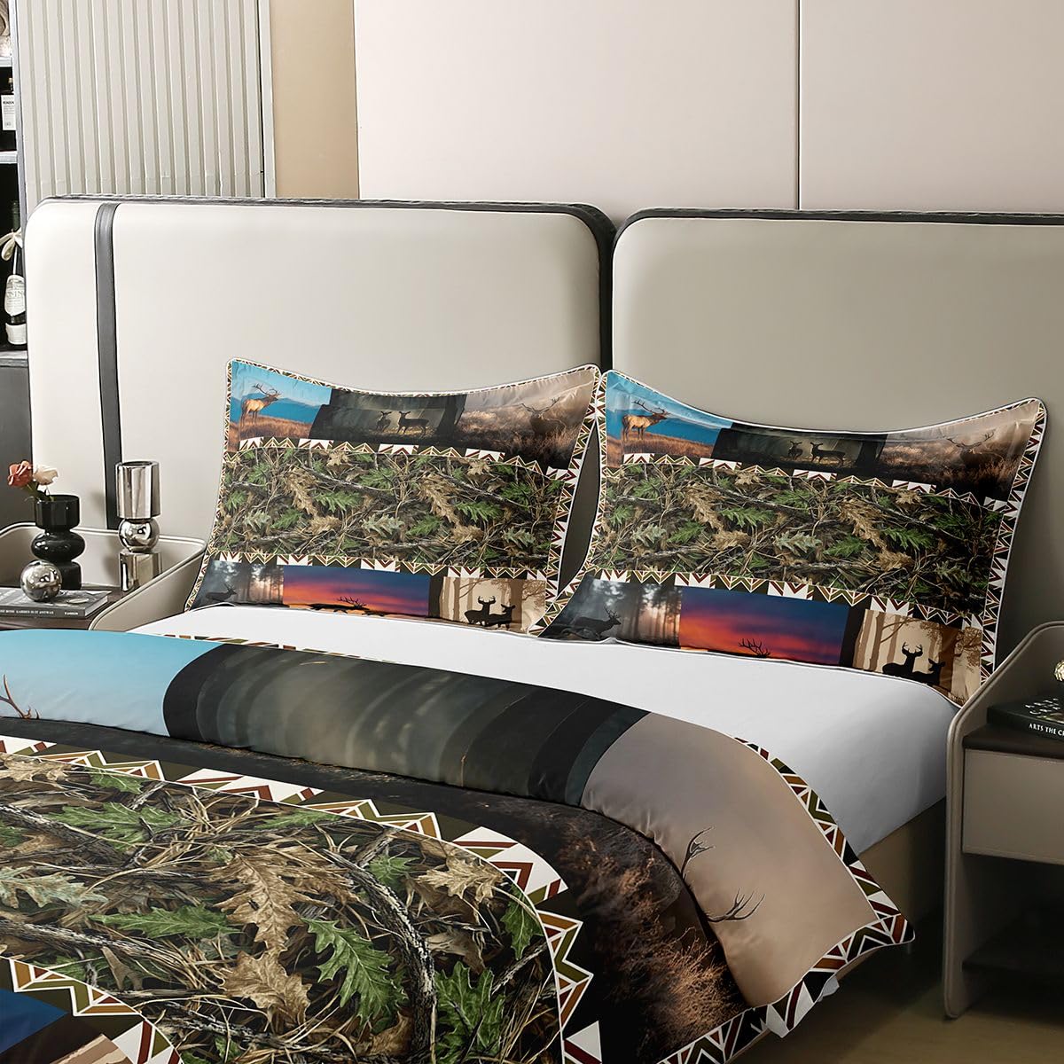 Deer 100% Cotton Duvet Cover Set Twin,Hunting Deer Bedding Sets,Woodland Animal Comforter Cover 3D Nature Scene Patchwork Bedding Elk Antler with Branches Quilt Cover,Rustic Farmhouse Bedroom Decor