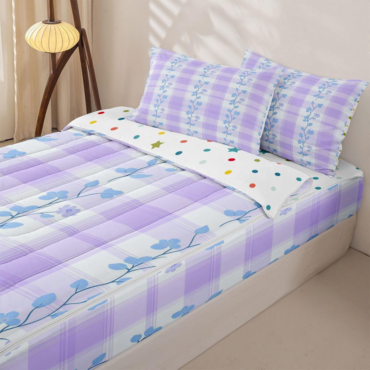 Feelyou Purple Flower Zipper Bedding Sets for Kids Boys Girls Botanical Floral Printed Queen Comforter Set with Fitted Sheet Natural Theme Bedroom Decor Microfiber with 2 Pillow Cases