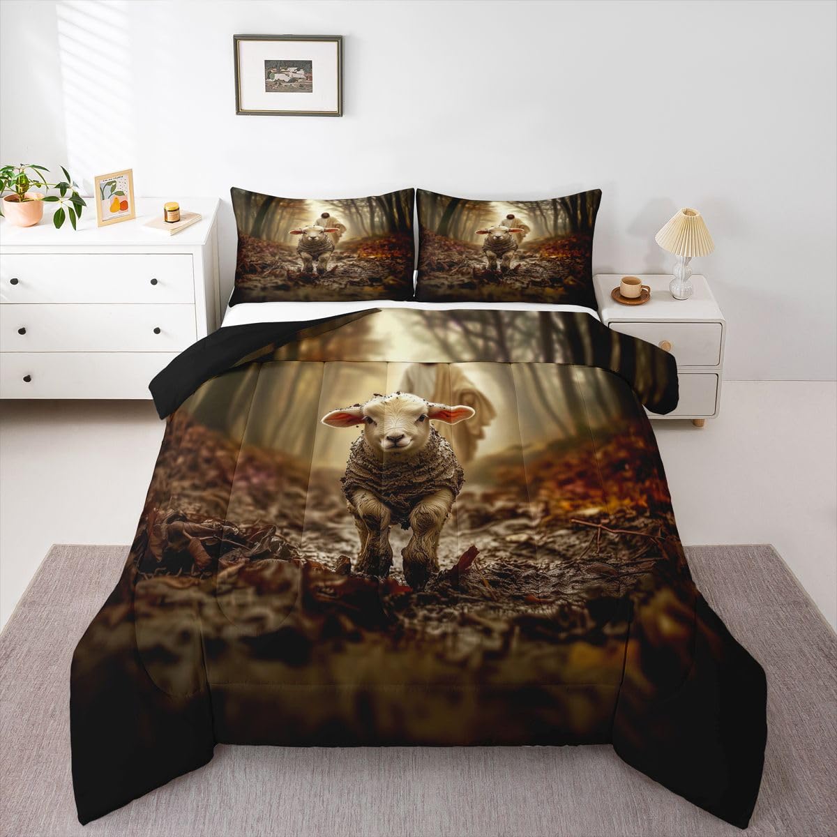 Manfei Western Kids Comforter Set Twin Size,God Running After Lost Lamb Bedding Set Boys Girls Room Decor,Spiritual Bible Verse Quilt Comforter,Brown Duvet Set Bedroom Quilt Set,1 Pillowcase