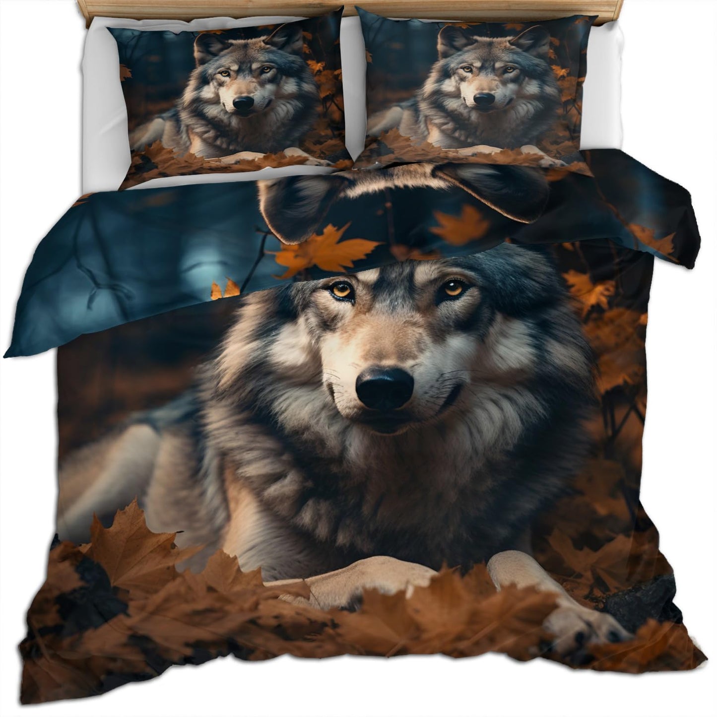 Wolf Duvet Cover Queen Size - Autumn Wolf Home Decor & Gifts, 3 Piece Back to School Dorm Bedding, Easy Care Microfiber Comforter Cover & Pillowcases, Wild Animals