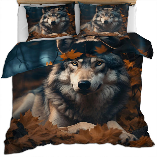 Wolf Duvet Cover Queen Size - Autumn Wolf Home Decor & Gifts, 3 Piece Back to School Dorm Bedding, Easy Care Microfiber Comforter Cover & Pillowcases, Wild Animals