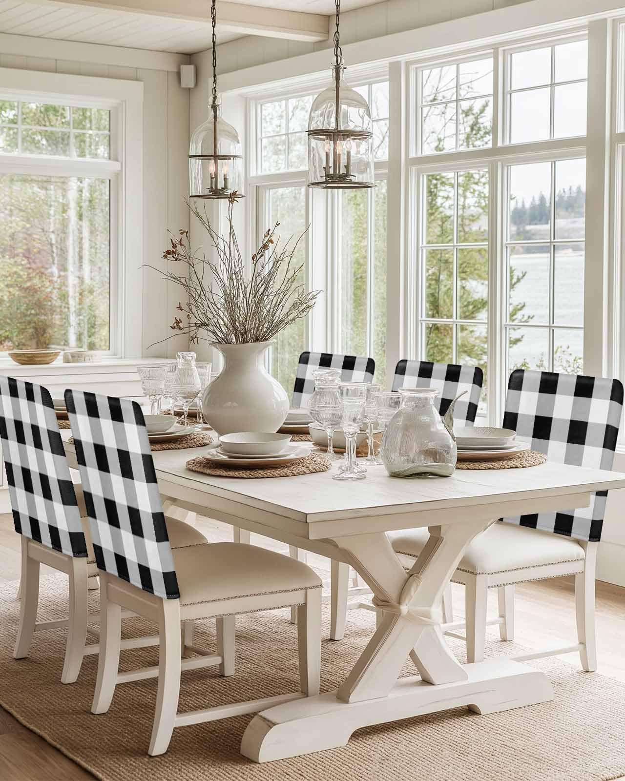 Black White Buffalo Check Chair Back Covers Set of 4, Farmhouse Plaid Washable Removable Chair Covers for Dining Room, Modern Geometric Decorative Dining Chair Slipcover for Home Hotel Party Wedding