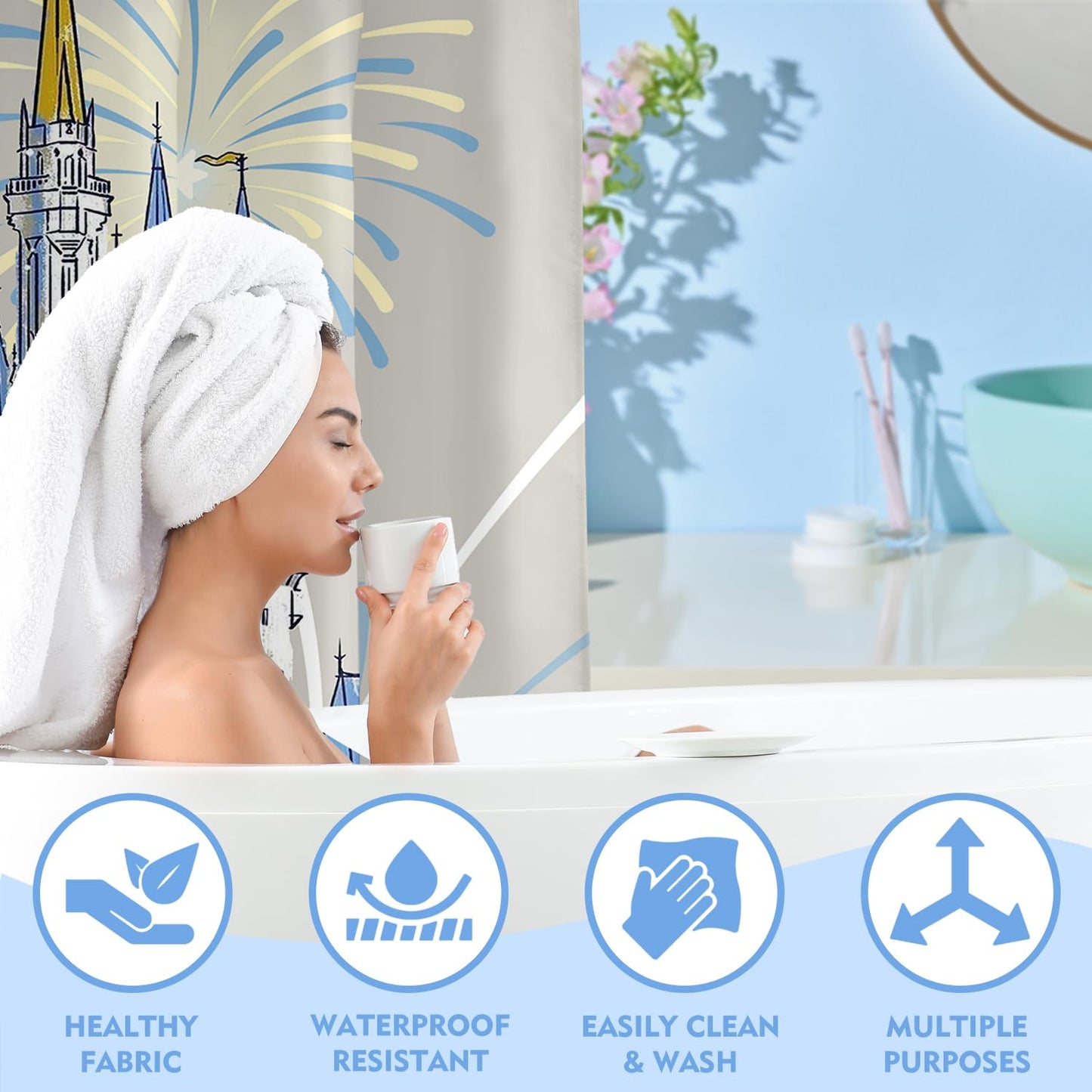 Vehcimbev Blue Cartoon Castle Shower Curtain Fireworks for Girl Bathroom Decor Waterproof Curtain with Hooks for Bathrooms Shower Fabric Showers Curtains Set 72x72Inch