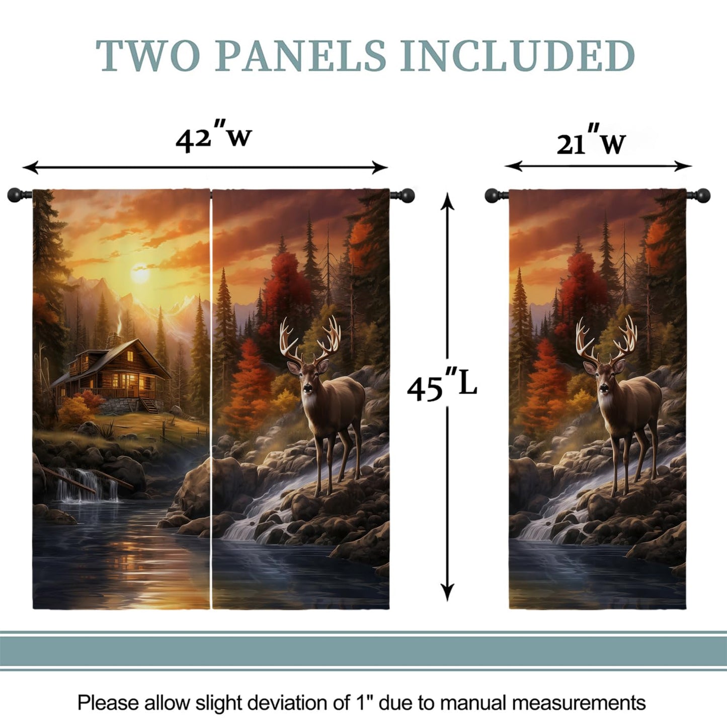 Rustic Cabin Deer Boy Girls Blackout Curtains, Western Sunset Farm Country Farmhouse Elk Lodge 2 Panel Rod Pocket Thermal Insulated Drapes, for Kids Room Bedroom Living Room Home Decor 42x45 inch