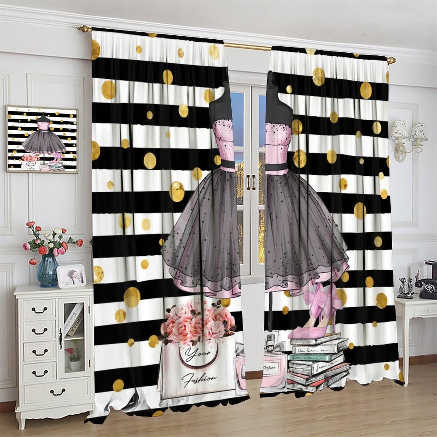 Girly Dresses Decor Window Curtain Pink Floral Girls Women Fashion Makeup Black And White Stripe Perfume Bottles High Heels for Home Kitchen Restaurant Decoration Window Curtain 2Panel 42"W X 45"L