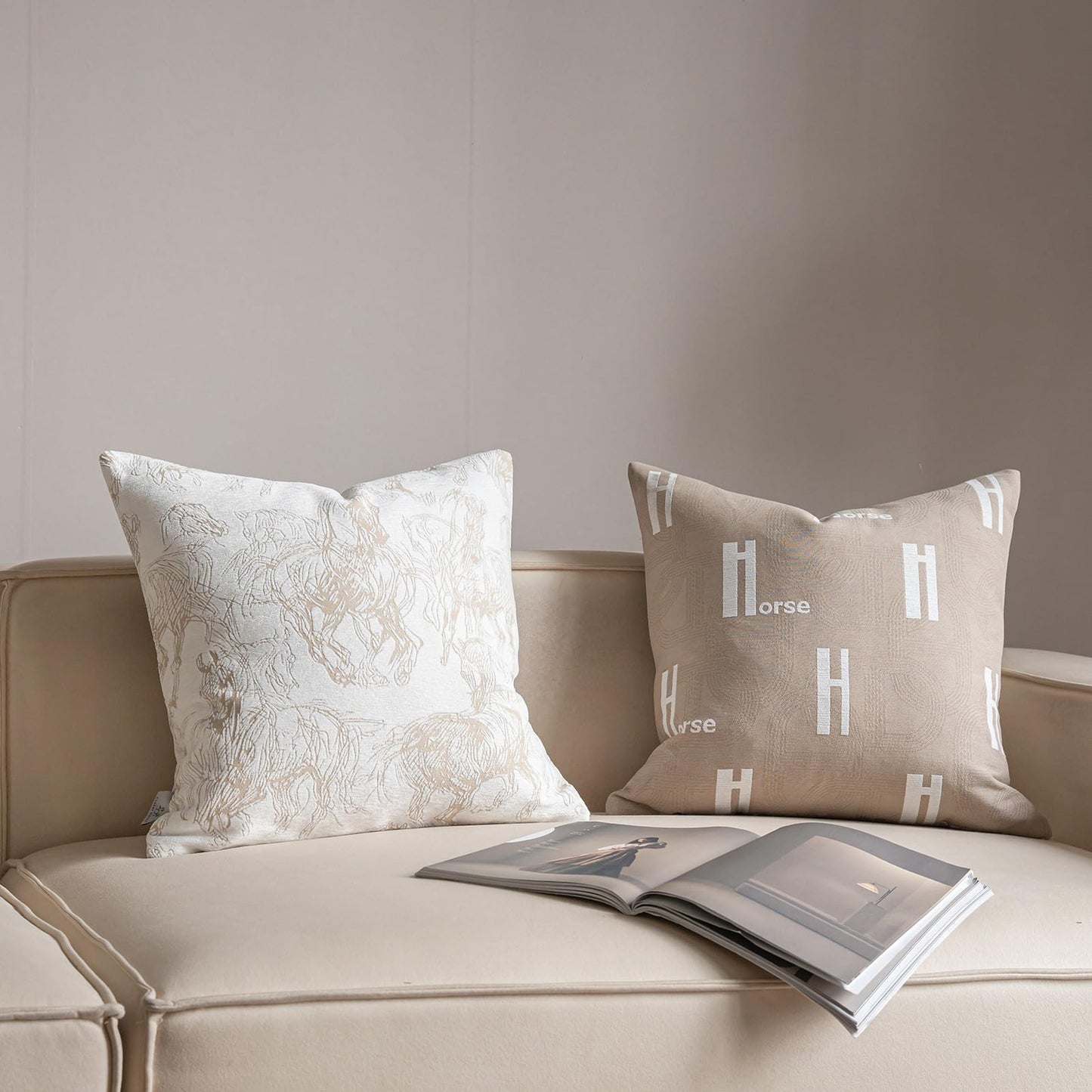 Croker Horse 20x20'' Inches Throw Pillow Cushion Cover - Beige H Letter Embroidery Modern Fashion Style Couch Sofa Pillow Cover for Living Room Bedroom