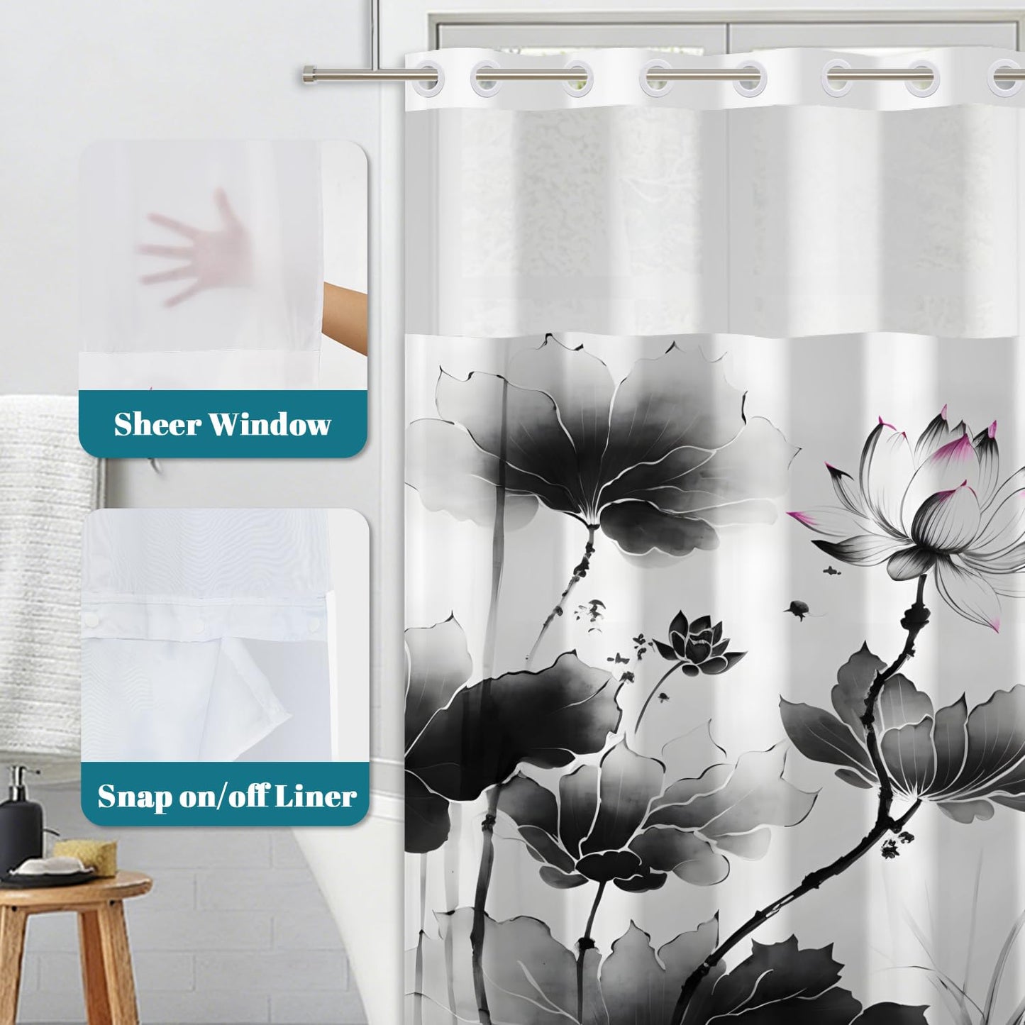 NAEMBCU No Hook Shower Curtain and Liner Set, Black and White Lotus Floral Shower Curtains for Zen Minimalist Spa Bathroom, Waterproof Bath Tub Curtain with Sheer Top Window, 71x74 Inch