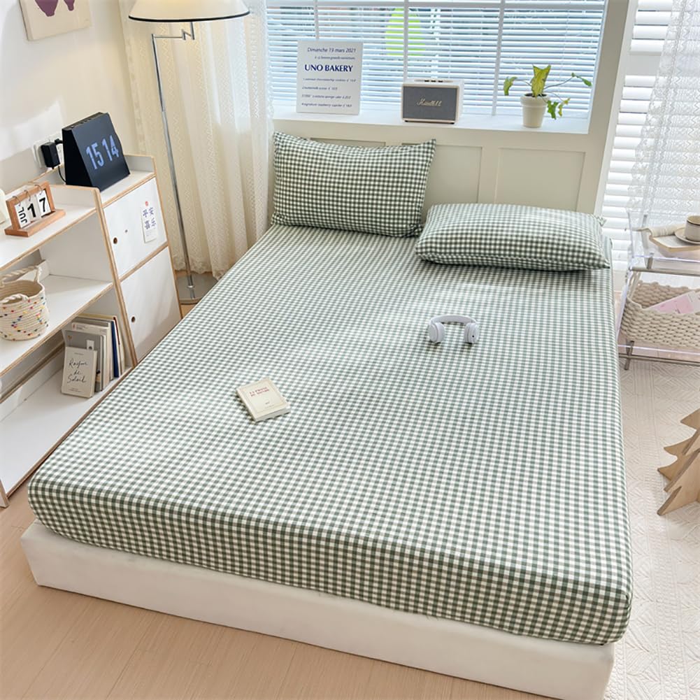 LifeTB Green Gingham Fitted Sheet Queen 1 Piece Plaid Bedding Sheet Soft 100% Washed Cotton Grid Single Bottom Sheet Green Gingham Bed Sheet Cotton Mattress Cover 15" Deep Pocket Farmhouse Grid Sheet