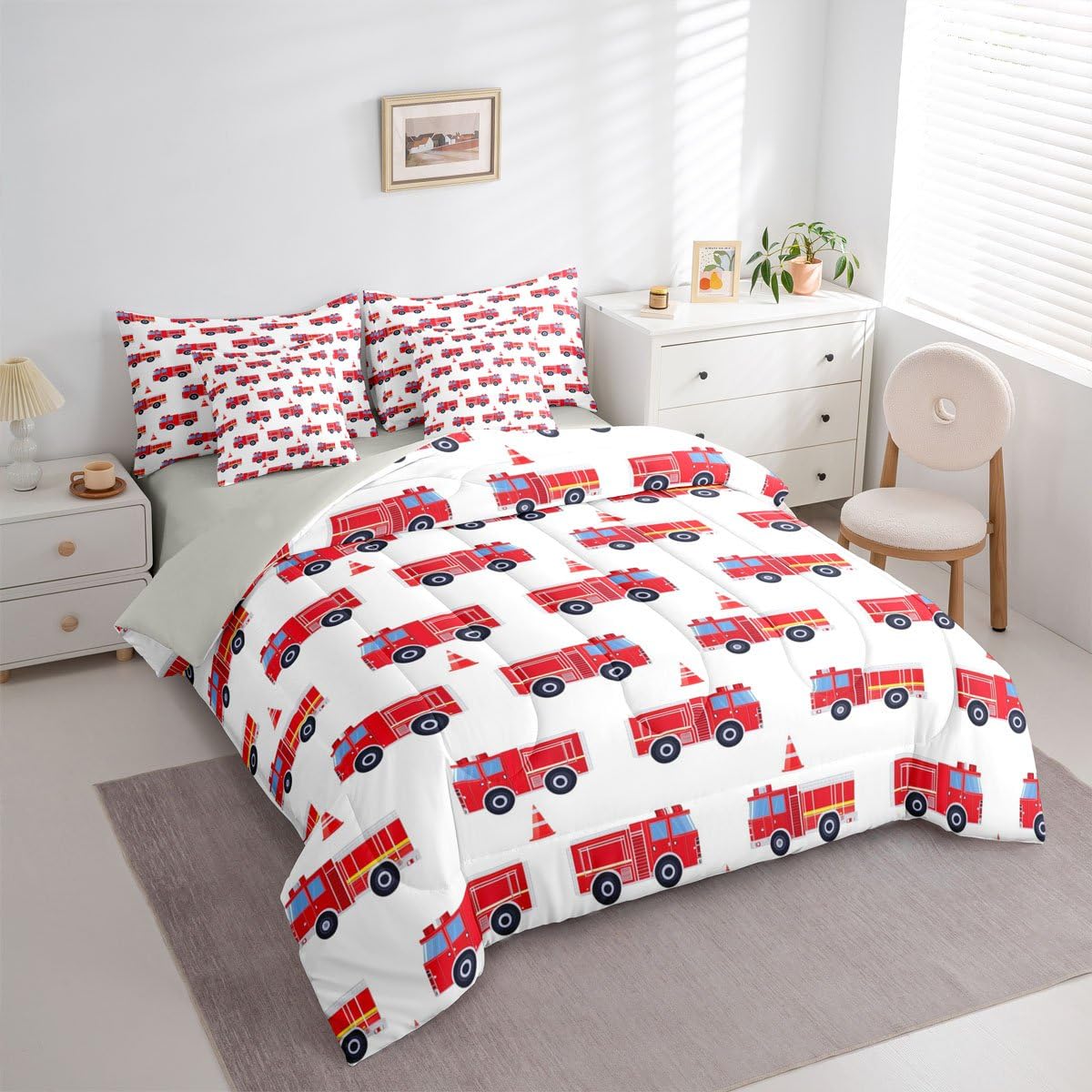 Erosebridal Cartoon Fire Truck Twin 7 Pcs Bedding Set, Red Firemen Car Bed in A Bag, Fire Engine Comforter Set with Sheets for Kids Men Teens Boys Room Decor, White Bed Sets, Microfiber