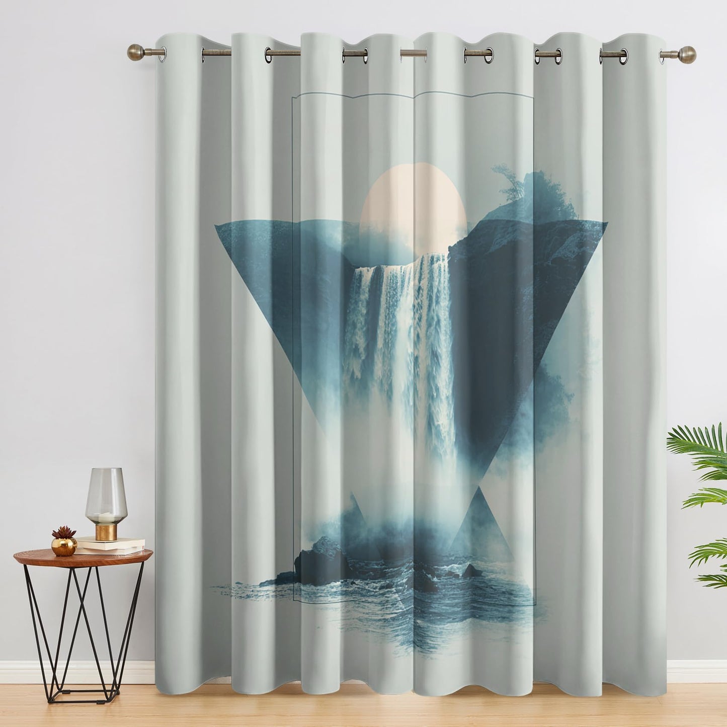 Flumoxa Landscape Blackout Curtains 39 Inches Long 2 Panels Set, Moon Mountain Waterfall Geometric Curtains for Bedroom Living Room Kitchen Window, Landscape Home Decor Drapes