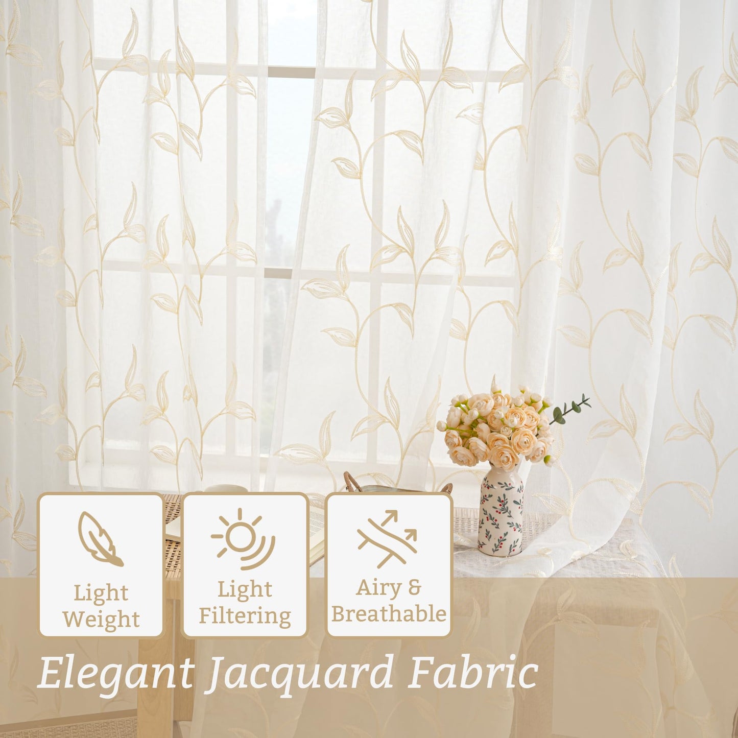 VISIONTEX 2 Panels Sheer Curtains 84 Inches Long, Cream Beige Floral Leaf Embroidered Semi Sheer Voile Curtains, Rod Pocket Light Filtering Window Drapes for Bedroom Living Room 54W x 84L