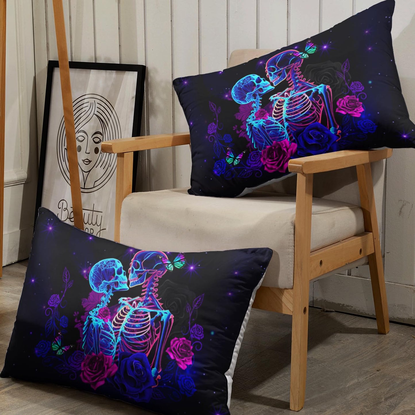 AILONEN Sugar Skull Fitted Sheet Set Queen Size, 3D Skeleton Bone Couple Bed Sheet Set,Purple Rose Skull Sheets for Boys Girls 3 Pieces, 1 Fitted Sheet and 2 Pillowcases