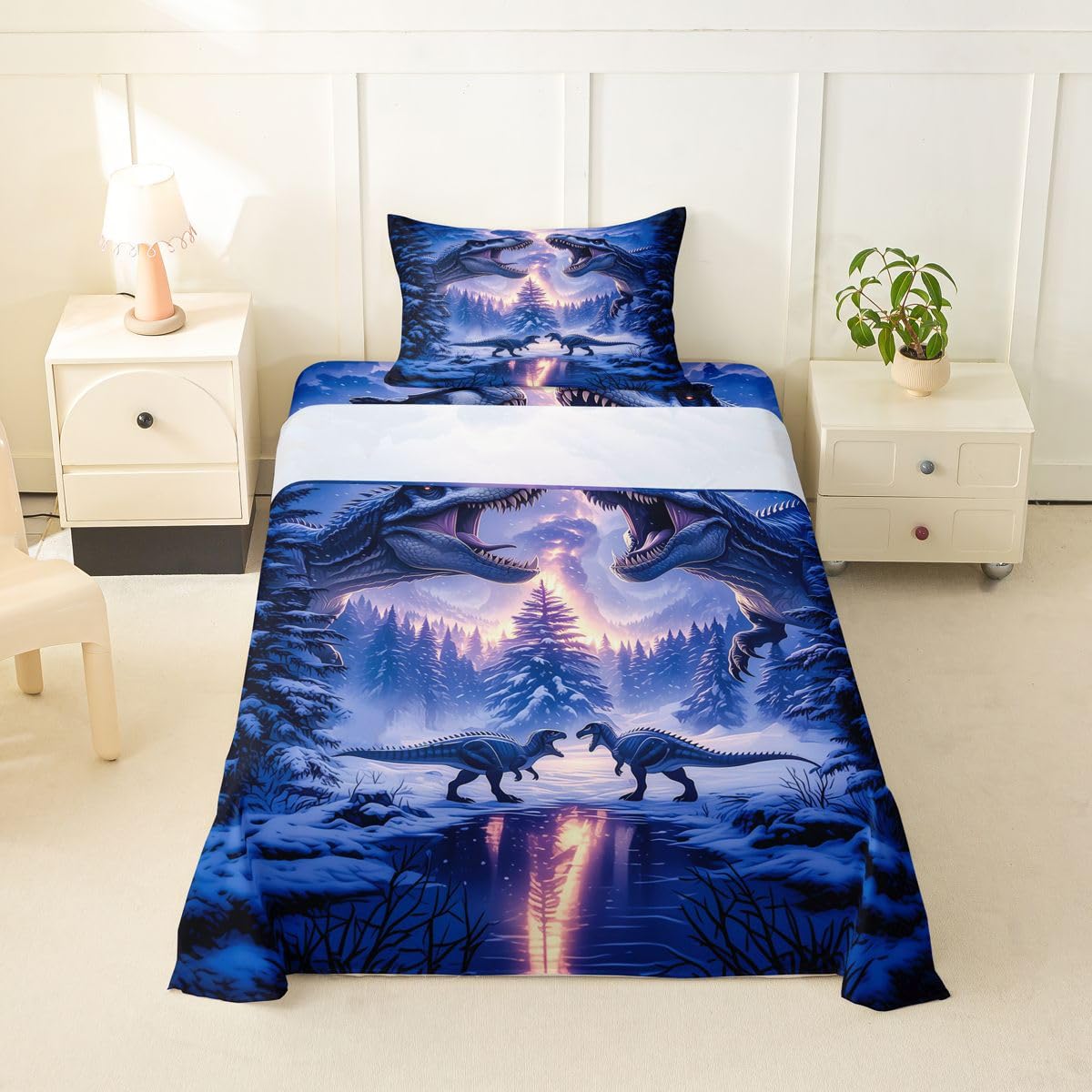 Feelyou Dinosaur Bed Sheets Set Twin Size 3D Digital Print Bed Set Jungle Dino Deep Pocket Fitted Sheet Wild Animal Breathable Soft Lightweight Microfiber Blue Purple