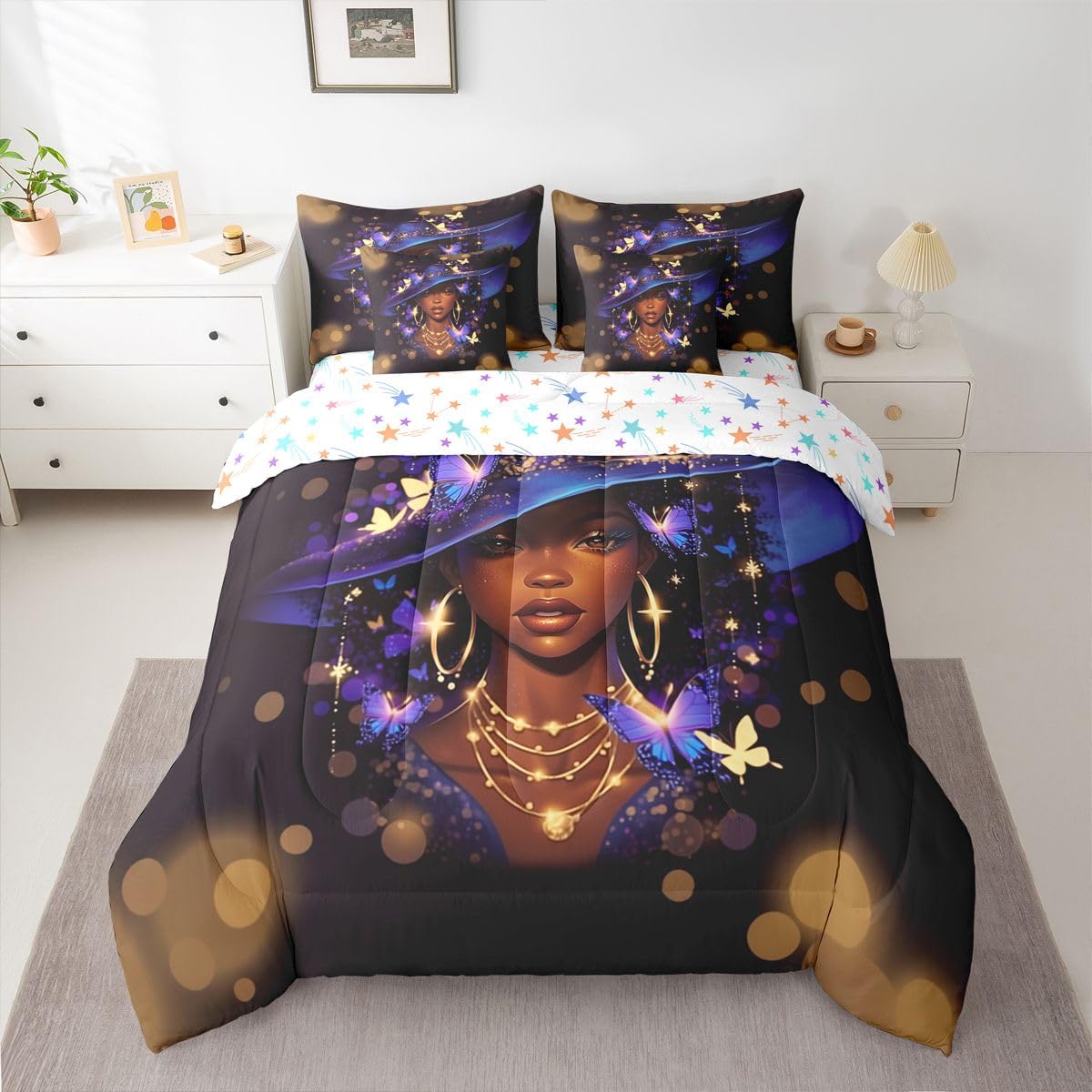 Erosebridal Black Girls Magic Queen Bedding Set Blue Witch Hat Comforter Set with Flat and Fitted Sheet Women Teen Vibrant Butterfly 7-Piece Bed in a Bag Stylish Luxury Gold Art Quilt Sets
