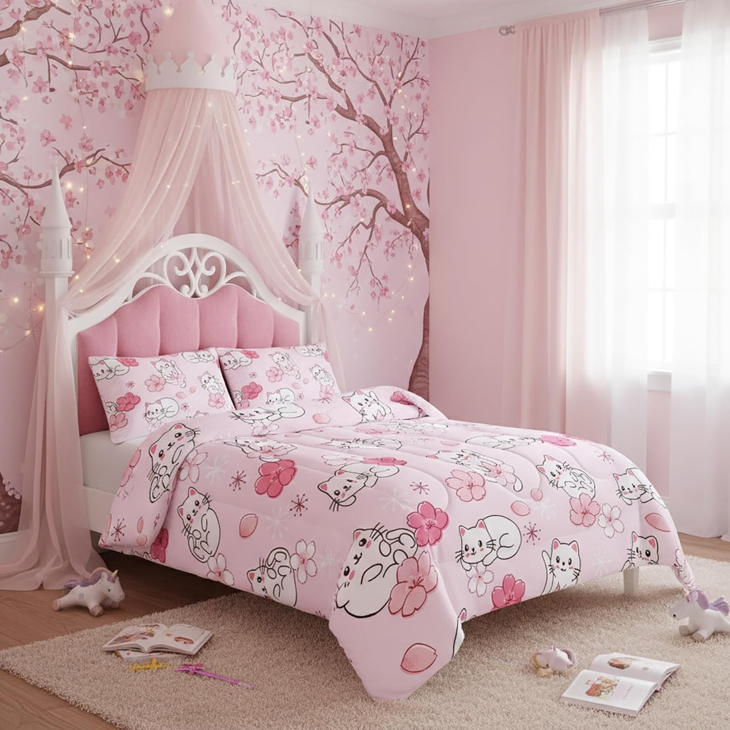 QOOMO 3Pcs Sakura Cats Comforter Set Twin,Floral Bedding Set for Teens Boys Girls,Cherry Blossom Printed Comforter with 2 Pillowcases,Down Alternative,Soft and Lightweight