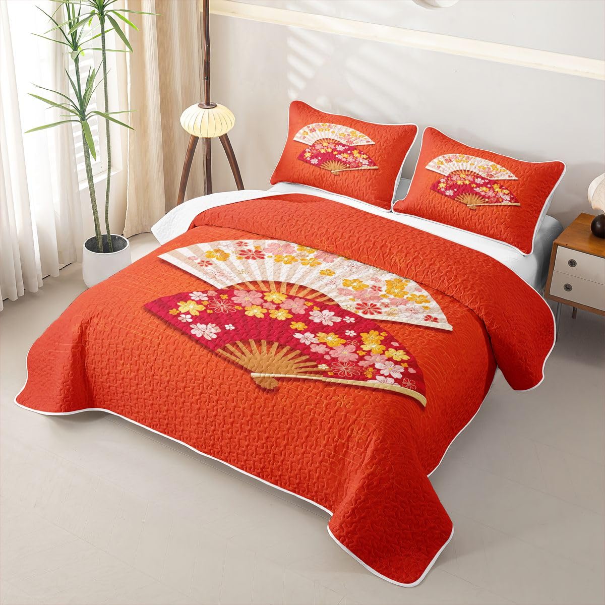 Erosebridal Japanese Folding Fans Quilt Twin Size - Japanese Style Bedspread Japan Cherry Blossoms Bed Coverlet with 1 Pillowcase