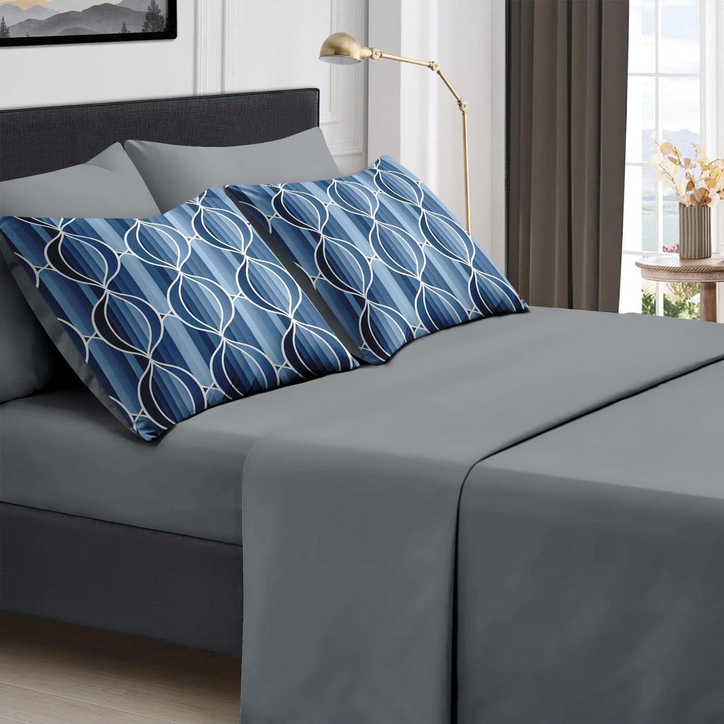 Boewywh Comforter Set Twin Size Geometric Blue Abstract 7 Pcs, Bedding for Kids and Adults, Modern Striped Bed Sheet Sets with Fitted Sheet 2 Pillowcases & 2 Shams for Bedroom Bed Decor