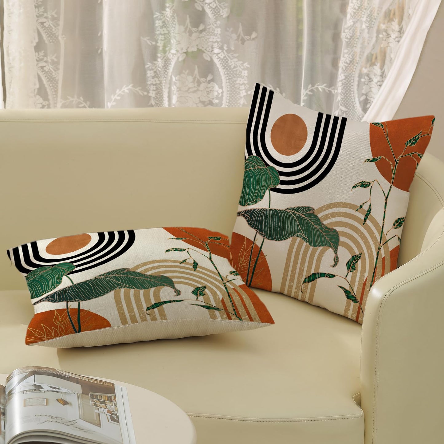 GOLIANDA Boho Orange Pillow Covers 18x18 Set of 2 Green Gold Leaf Tropical Mid Century Throw Pillows Outdoor Bohemian Modern Decorative Pillowcase Farmhouse Linen Cushion Case for Couch Sofa Decor