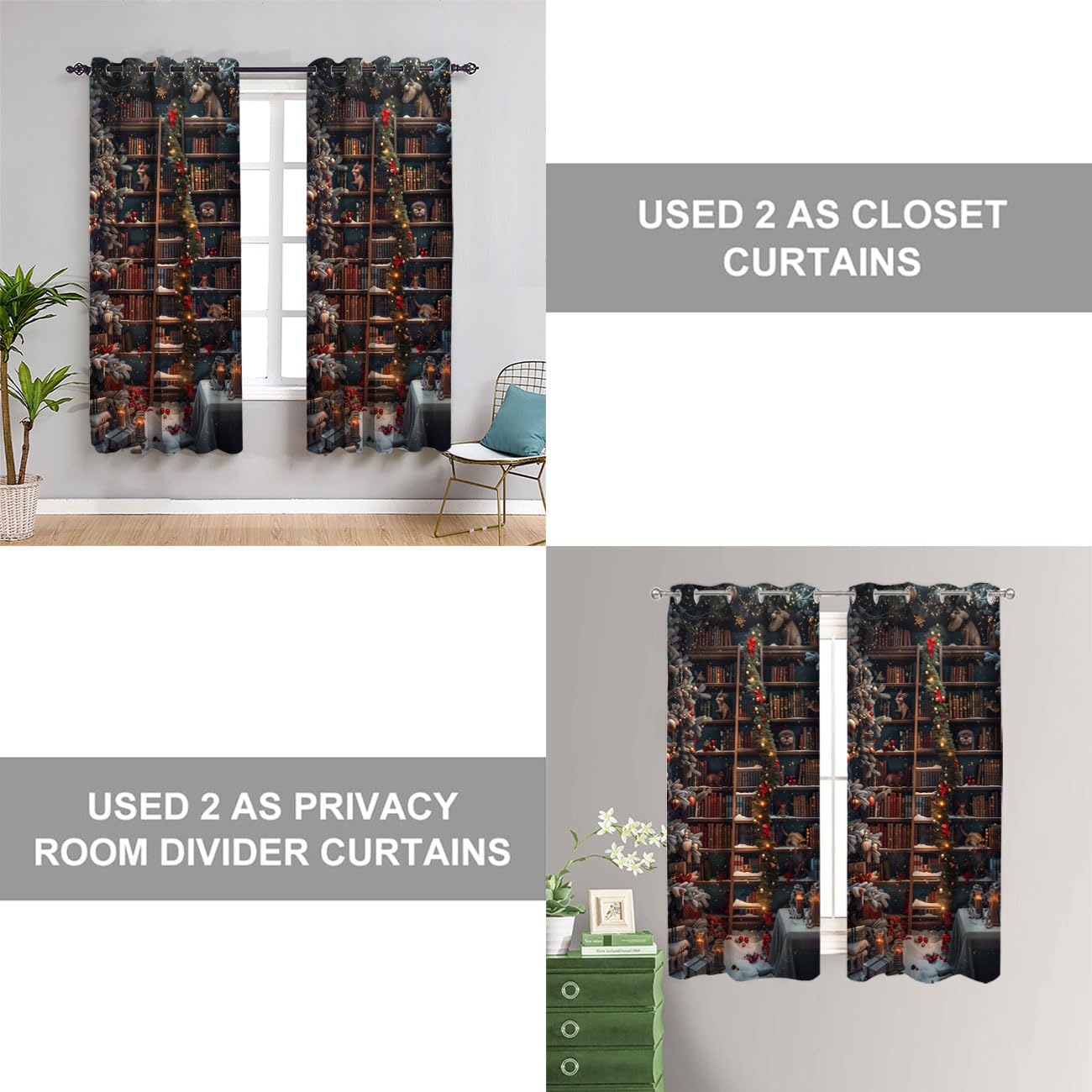 WUMINMIN Christmas Bookshelf Door Curtain for Doorway, Fantasy Library Books Room Darkening Curtain for Darkening Door Drape for Kid Teens Boys Teens, 1 Panel 34" W X 80" L
