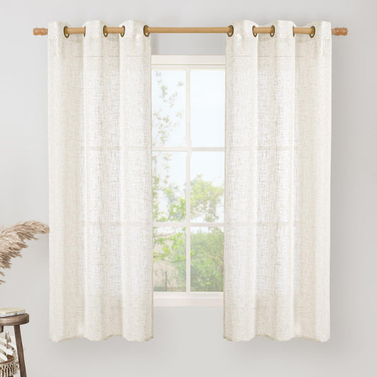 LAMIT Linen Semi Sheer Curtains 63 Inch Length 2 Panels, Light Filtering Neutral Window Bedroom Curtains Farmhouse Boho Bronze Grommet Drapes for Living Room/Dining Room, Cream, 34 x 63 Inch