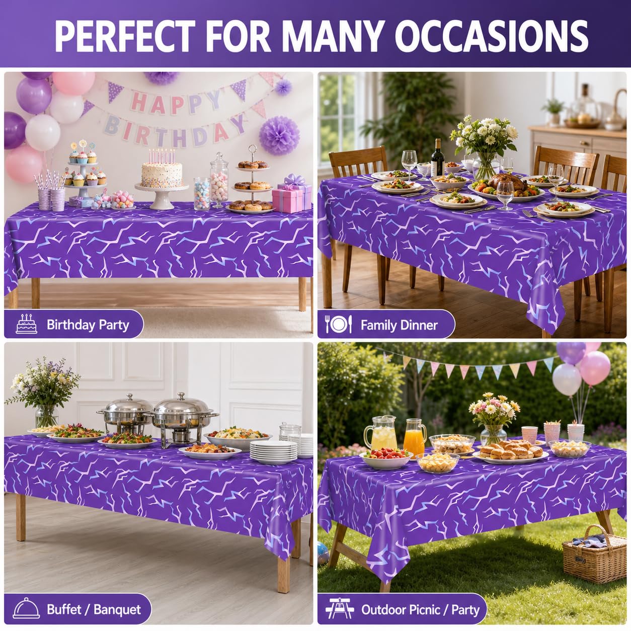 ANLLECR 3Pcs 54 x 108 Inch Purple Demon Lightning Theme Disposable Tablecloth, Waterproof Plastic Table Cover for Birthday Party, Music Themed Party, Halloween & Event Decorations