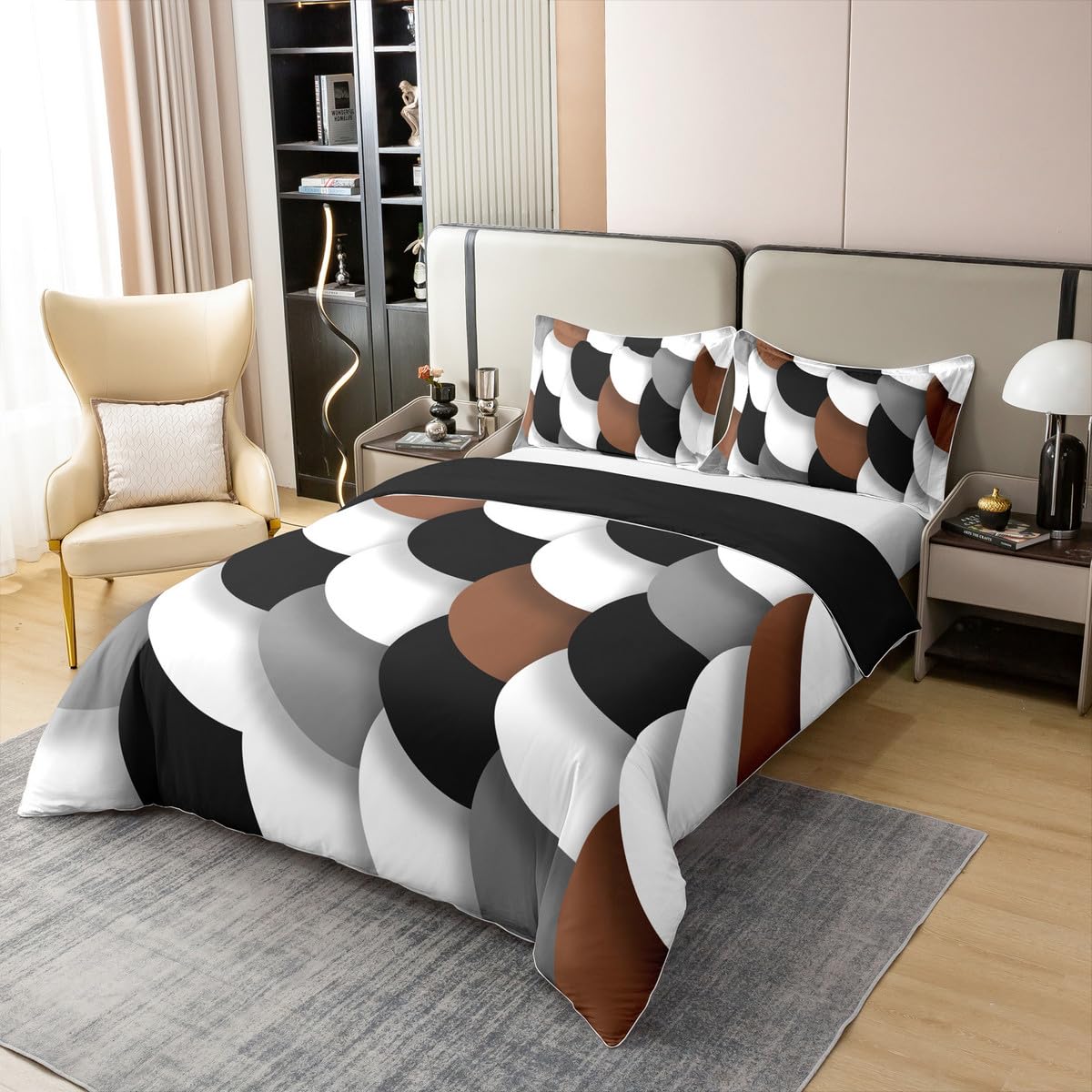 jejeloiu Brown Black White Geometric Bedding Set Queen Size Kids Abstract Art Duvet Cover 100% Cotton for Boys Girls Abstract Comforter Cover Soft（No Comforter）