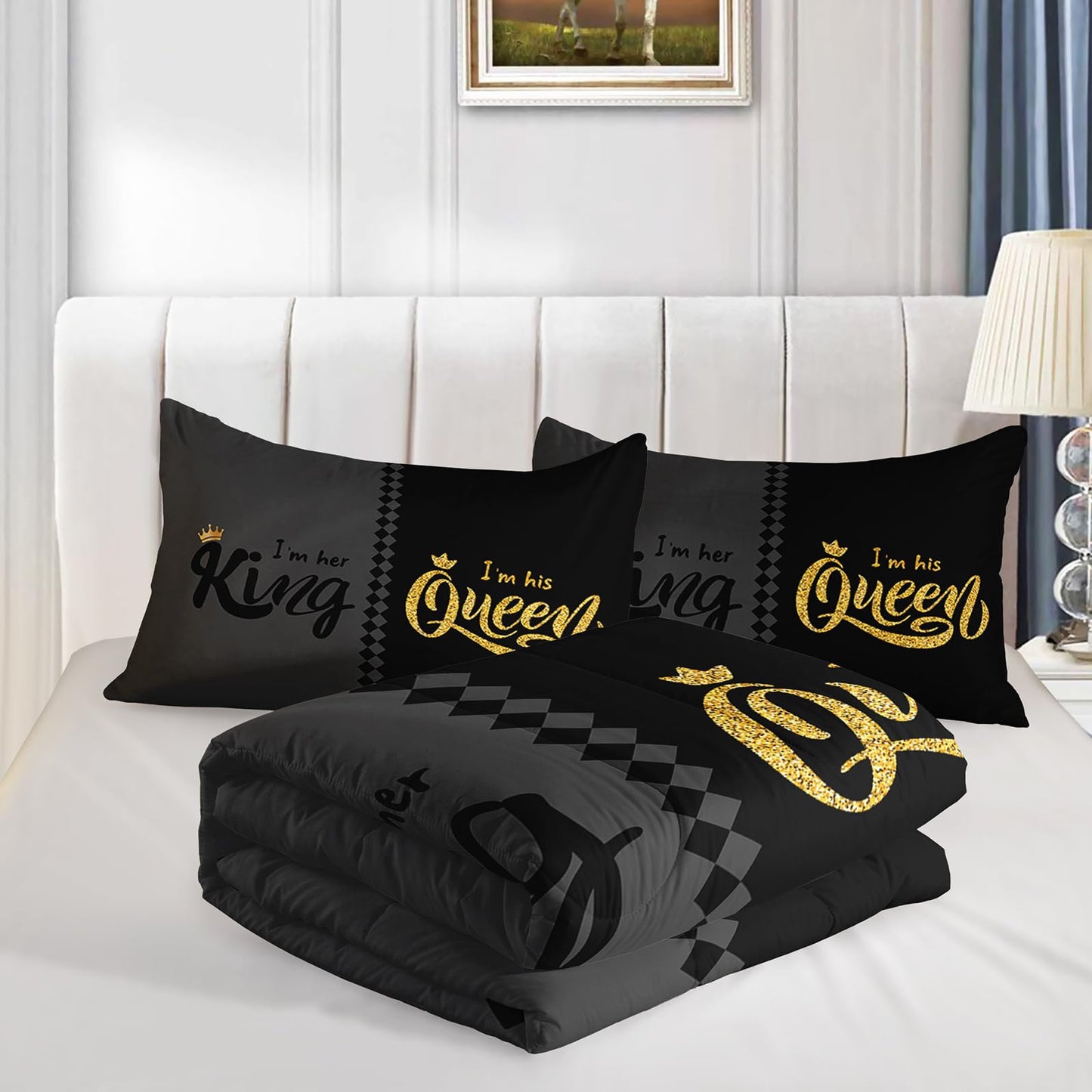 QOOMO 3Pcs Crown Queen and King Comforter Set Twin,Couple Bedding Set for Teens Boys Girls,Golden Printed Comforter with 2 Pillowcases,Down Alternative,Soft and Lightweight