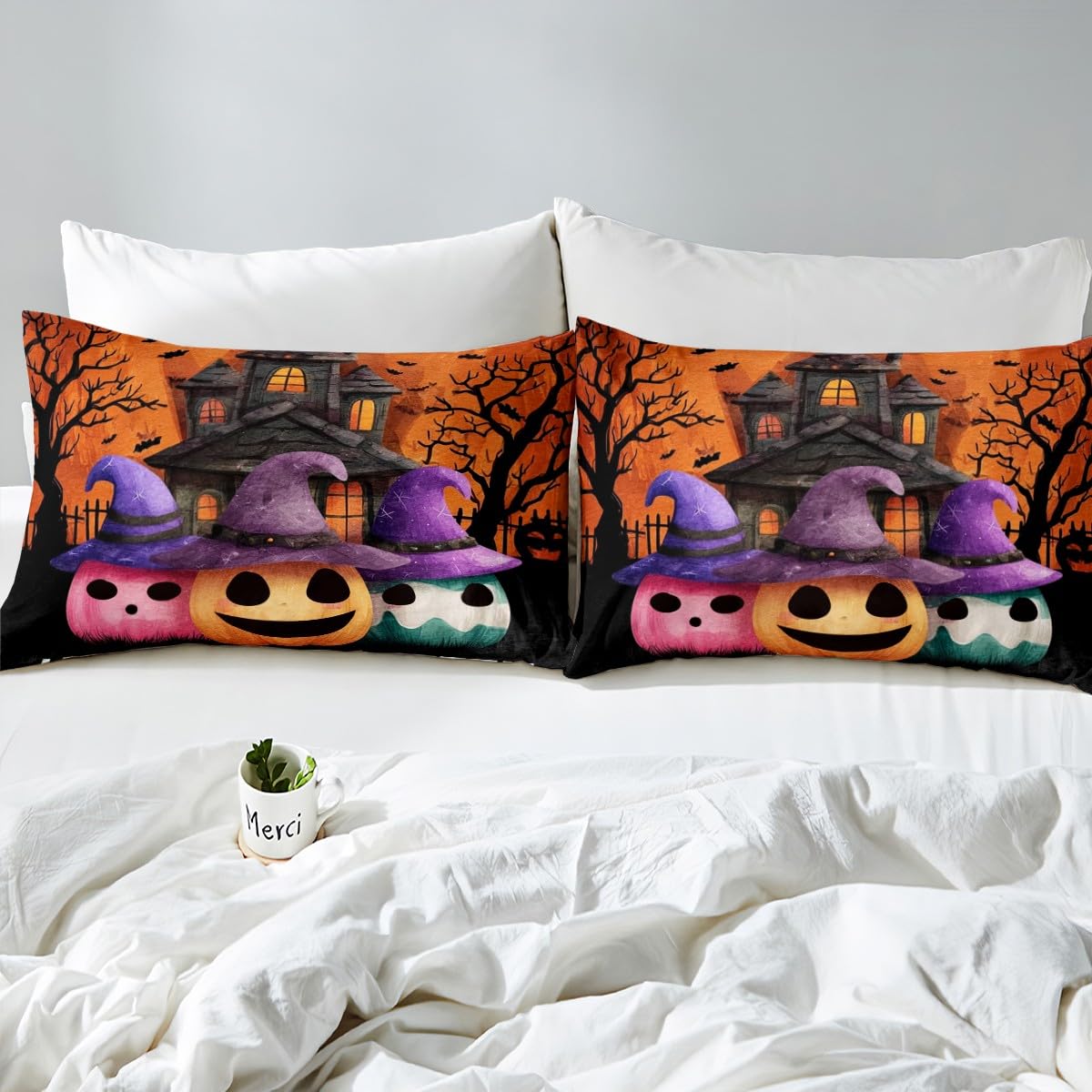 jejeloiu Halloween Decor Bed Sheets Set Twin Size Pumpkin Bed Set for Kids Boys Girls Witch Hat Deep Pocket Fitted Sheet Haunted Houses Breathable Soft Lightweight Microfiber