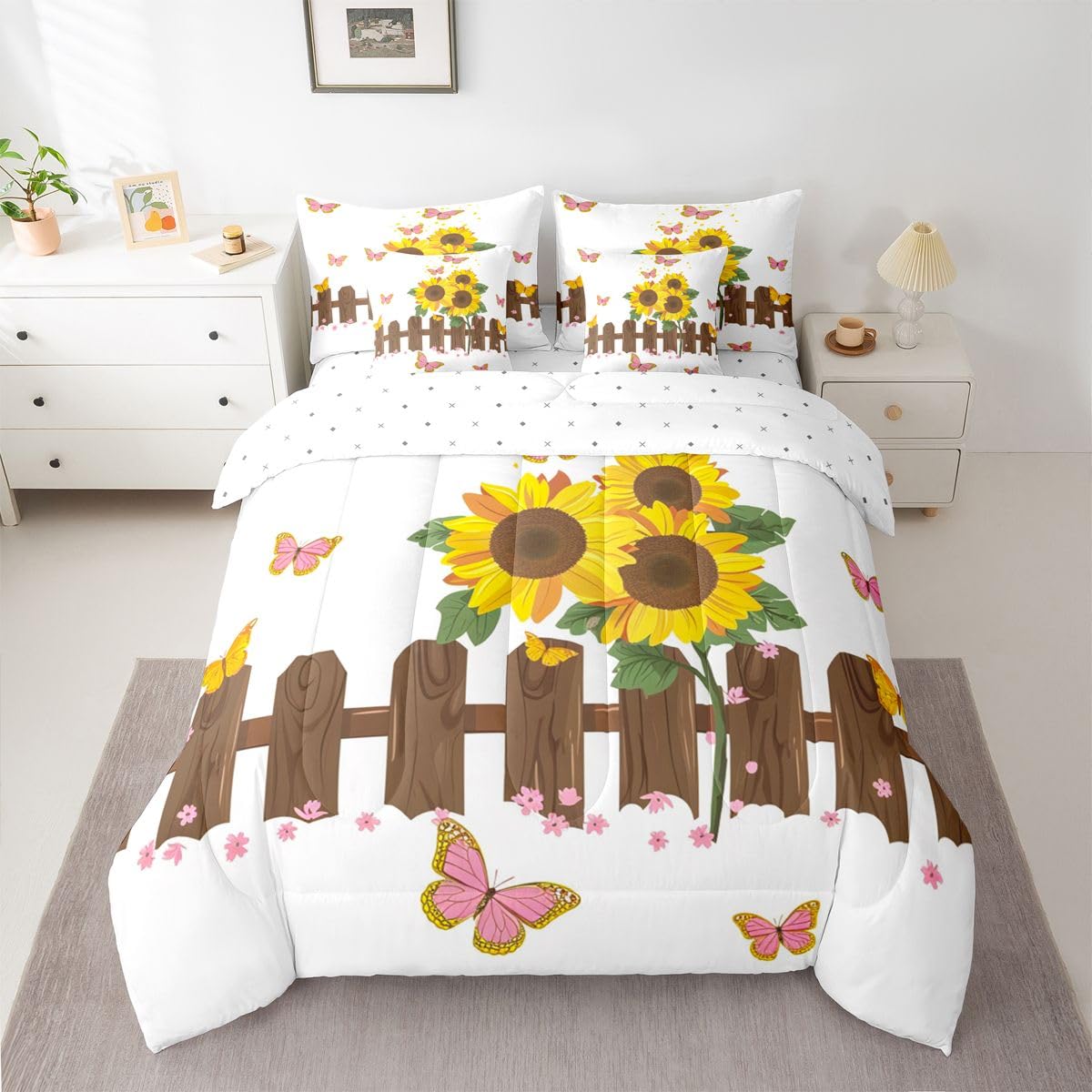 Erosebridal Butterfly 7 Piece Bedding Set Twin Sunflower Comforter Set with Sheets Wooden Fence Cute Hand Drawn Florals for Kids Boys Girls Petals Pink Butterflies Farmhouse Bed in a Bag