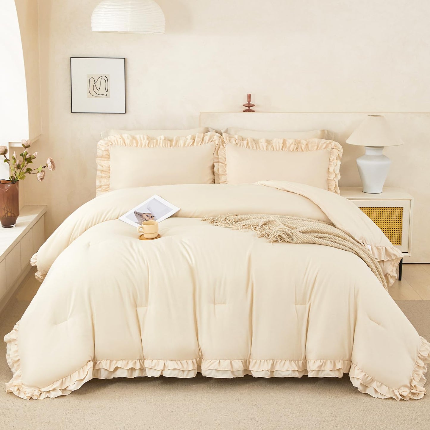 PERFEMET Queen Size Ruffled Comforter Set Beige 5 Pieces Ruffle Bedding Set Boho Comforter All Season Soft Microfiber Shabby Chic Bed in A Bag Women Men (Beige, Queen)