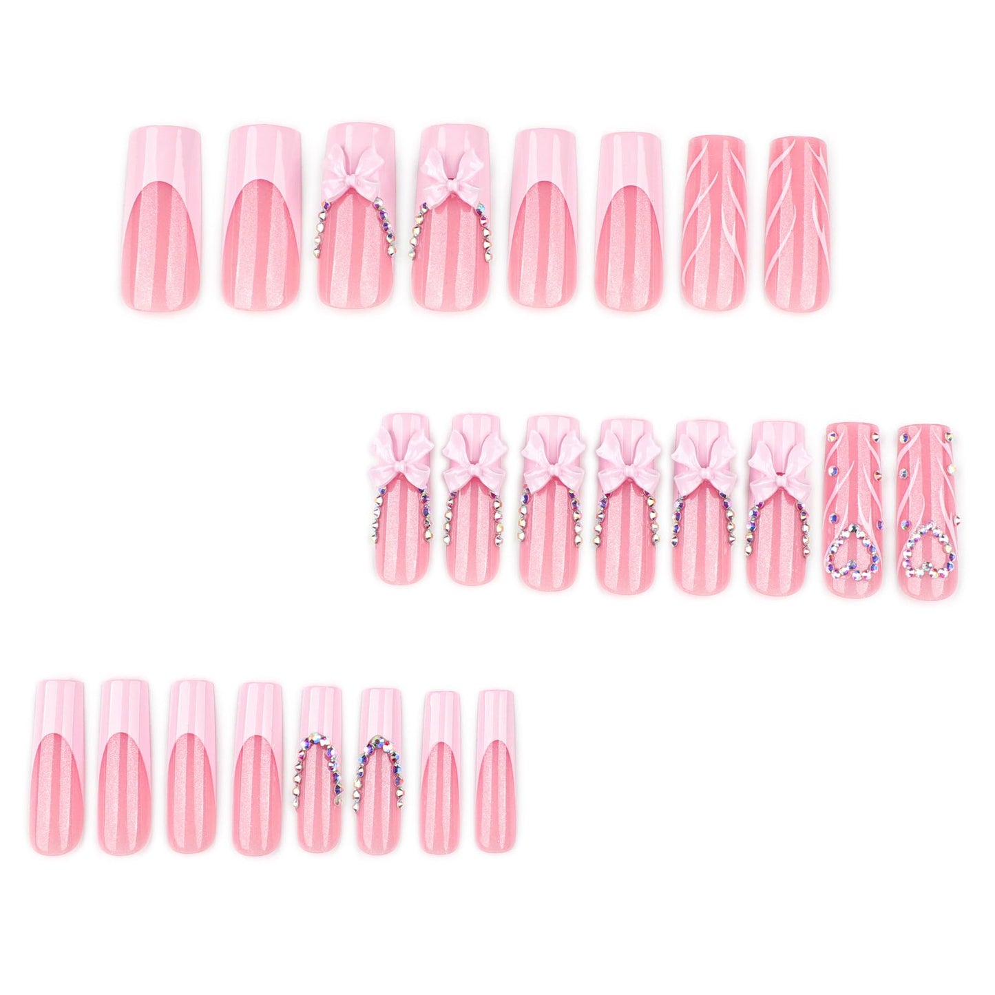 plalely Pink Press on Nails Square Long, Rhinestone Heart Acrylic Press on Nails with Pink Bow Designs，Long Press on Nail for Women 24pcs