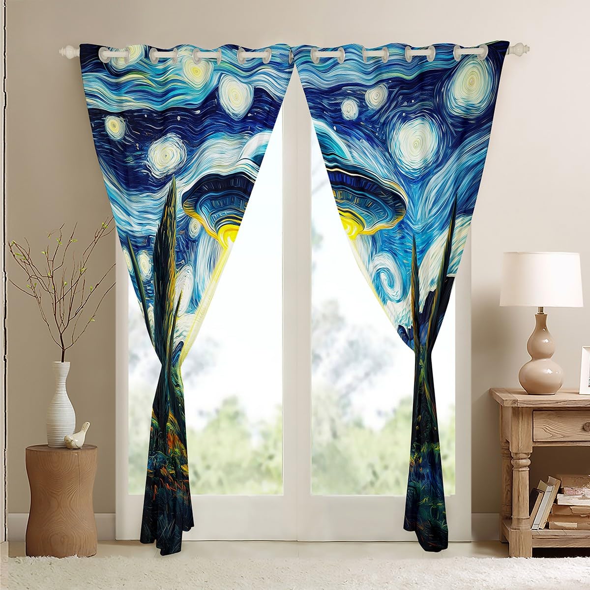 Feelyou Kids Spaceship Outer Space Curtains,Spaceship Window Curtains for Bedroom Living Room,Alien Spaceship Window Drapes,Oil Painting Art Blackout Curtains, 42W X 84L,2 Panels