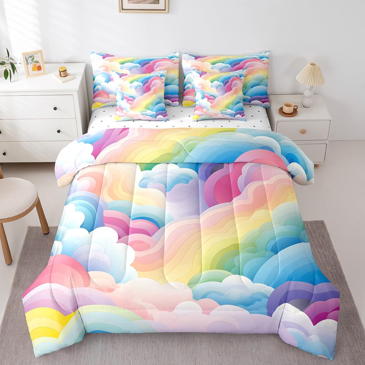 Erosebridal Girls Rainbow Full Bedding Sets 7-Piece Colorful Cloud Comforter Set Cartoon Kawaii Geometric Stripe Comforter Set with Sheets Pink Pastel Bed in A Bag Blue Pink Bed Sheets Set Cozy