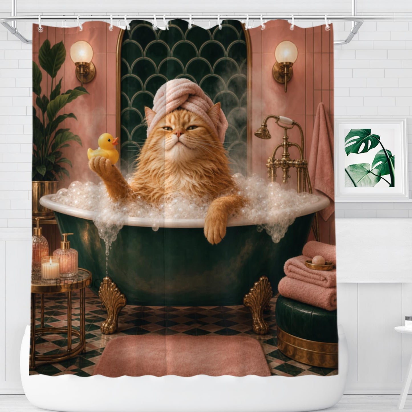 REZHOCH Funny Cat Shower Curtain 72x72 Inch Orange Kitty Bubble Bath Pink Green Luxury Bathroom Rubber Duck Cute Animal Decor Bath Set with Hooks