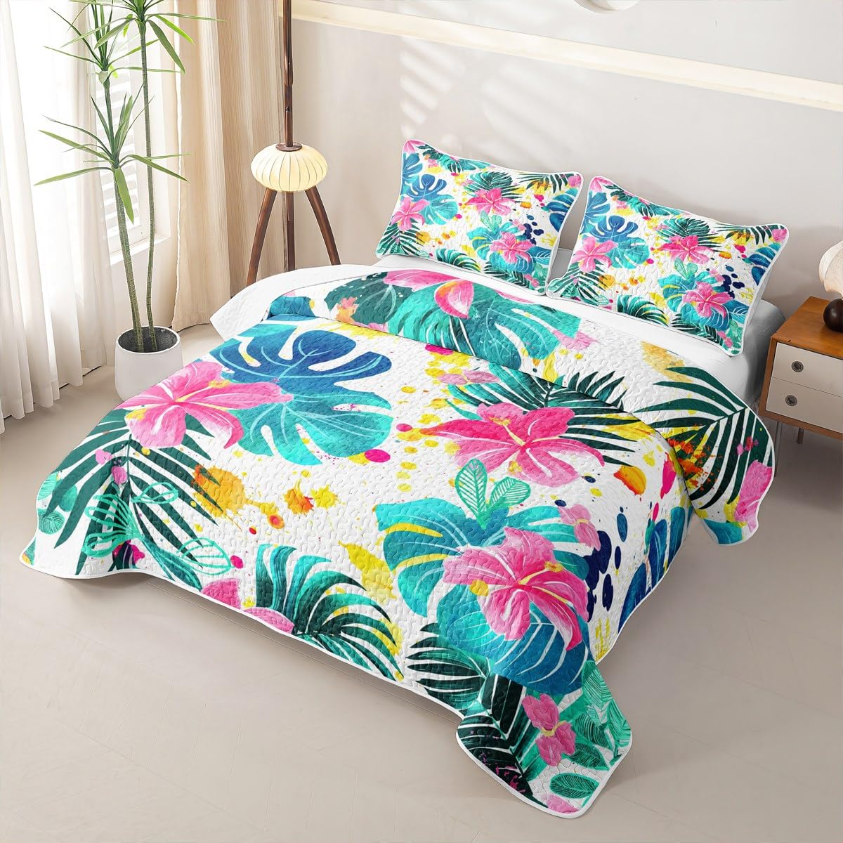 Erosebridal Palm Leaves Quilt Set Twin Summer Hawaiian Quilt Tropical Botanical Floral Bedding Coverlet Watercolor Graffiti Bedspread