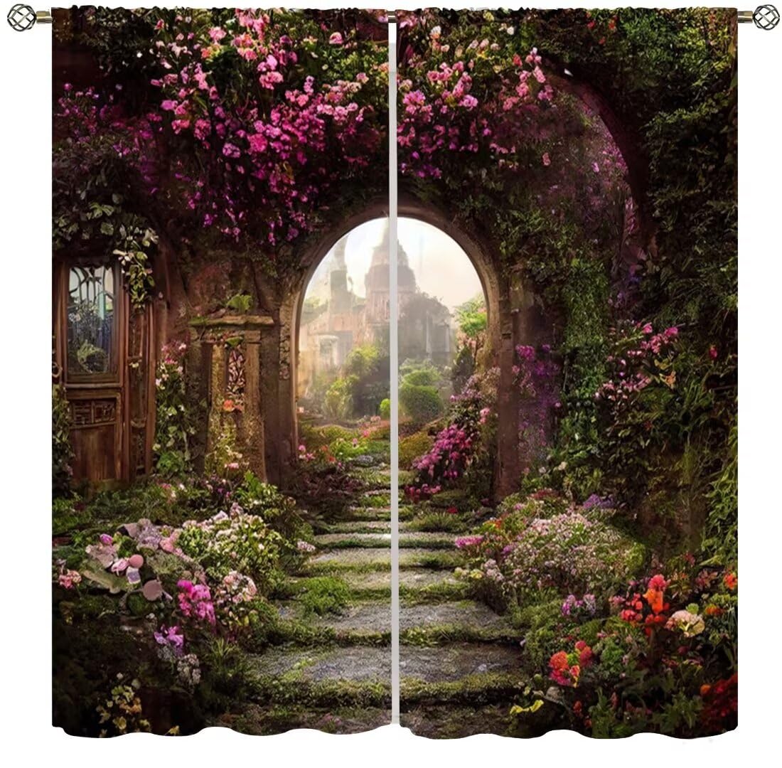 DDCBNS Fantasy Nature Windows Curtains,Fairytale Magical Garden Window Treatments for Bedroom Living Room Dreamland Scenery Flower Drapes 2 Panels Set,Total Size 42 x 45 Inch