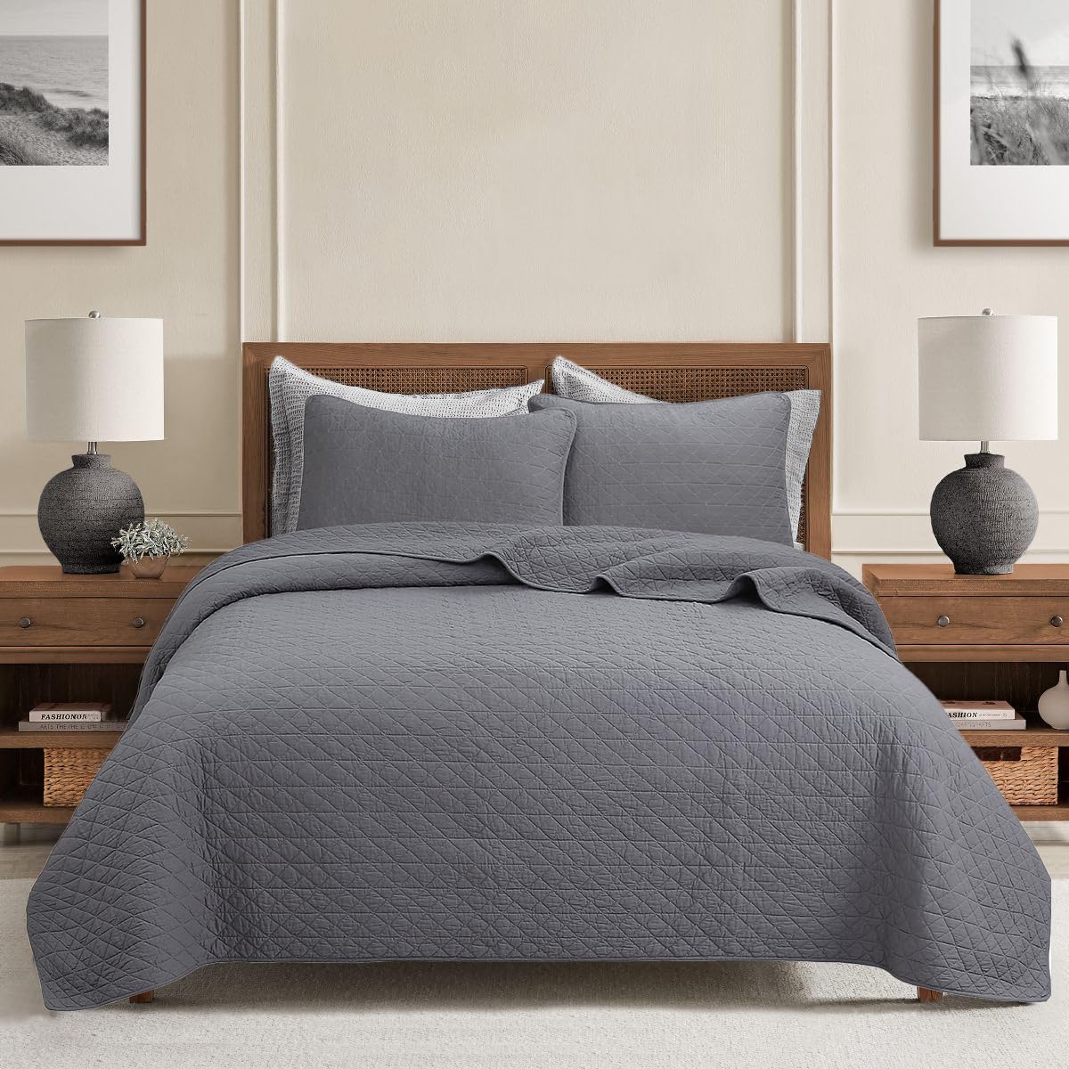 Cozy Line Home Fashions 100% Cotton Quilt Set – 3-Piece Charcoal Gray Solid Classic Modern Quilted Bedspread with Shams, Lightweight All Season Modern Bedding (Diamond Gray, Queen)