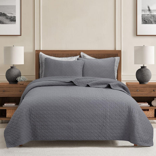 Cozy Line Home Fashions 100% Cotton Quilt Set – 3-Piece Charcoal Gray Solid Classic Modern Quilted Bedspread with Shams, Lightweight All Season Modern Bedding (Diamond Gray, Queen)