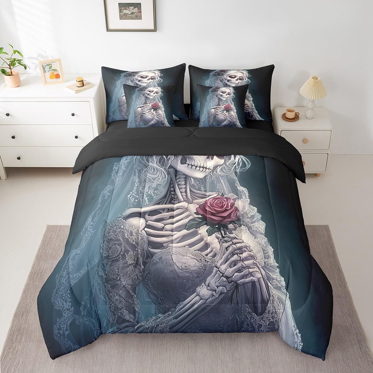 Erosebridal Roses Skull 7 Piece Bedding Set Skeleton Bride Bed in A Bag Wedding Anniversary Valentines Day Comforter Set Full Size for Adults Men Women,Romantic Flowers Skull Bed Set