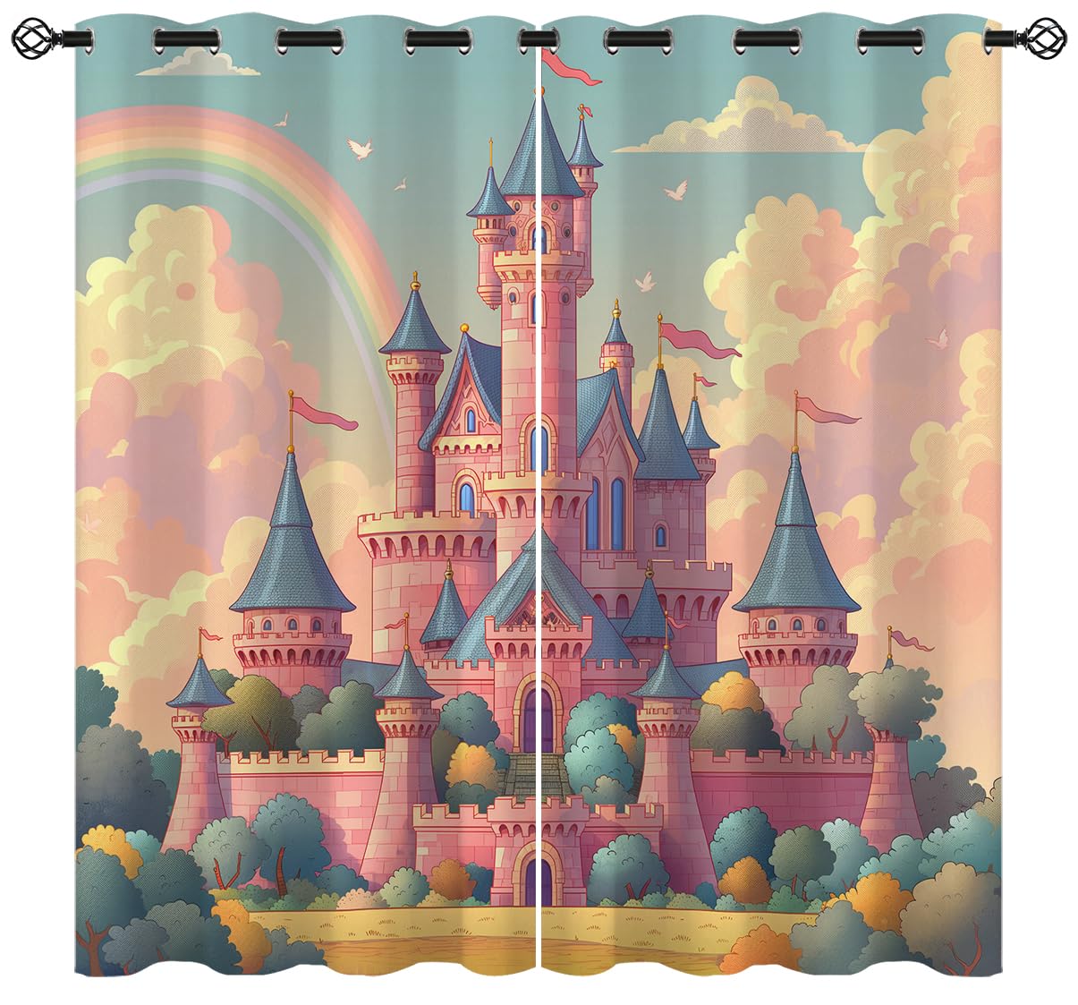 Fairy Tale World Castle Blackout Curtains for Girls Boy Home Decor, Cartoon Fantasy Rainbow Pink Grommet Thermal Insulated Drapes Darkening Window Curtain for Bedroom Living Room, 42 x 45 Inch